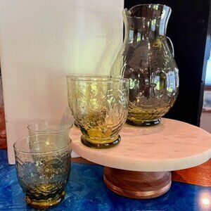 5pc Set April Cornell for Silvestri Fleur De Lis Green Pitcher and Glasses